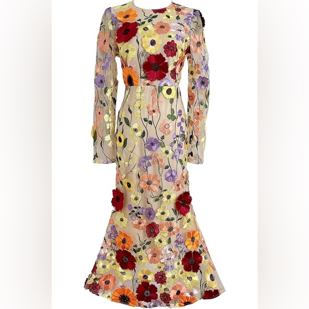 Women's 3D Floral Long Sleeves Crew Neck Fishtail Mesh Embroidery Maxi Dress